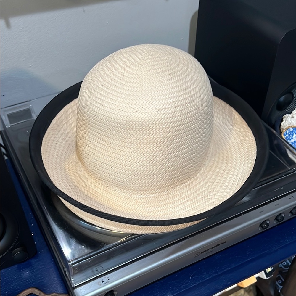Vintage Cream Straw Hat with Black Trim